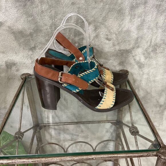 Chinese Laundry Golden LEATHER Heeled Stacked SANDALS WOMAN’S SIZE 9.5 Turquoise - Picture 4 of 10